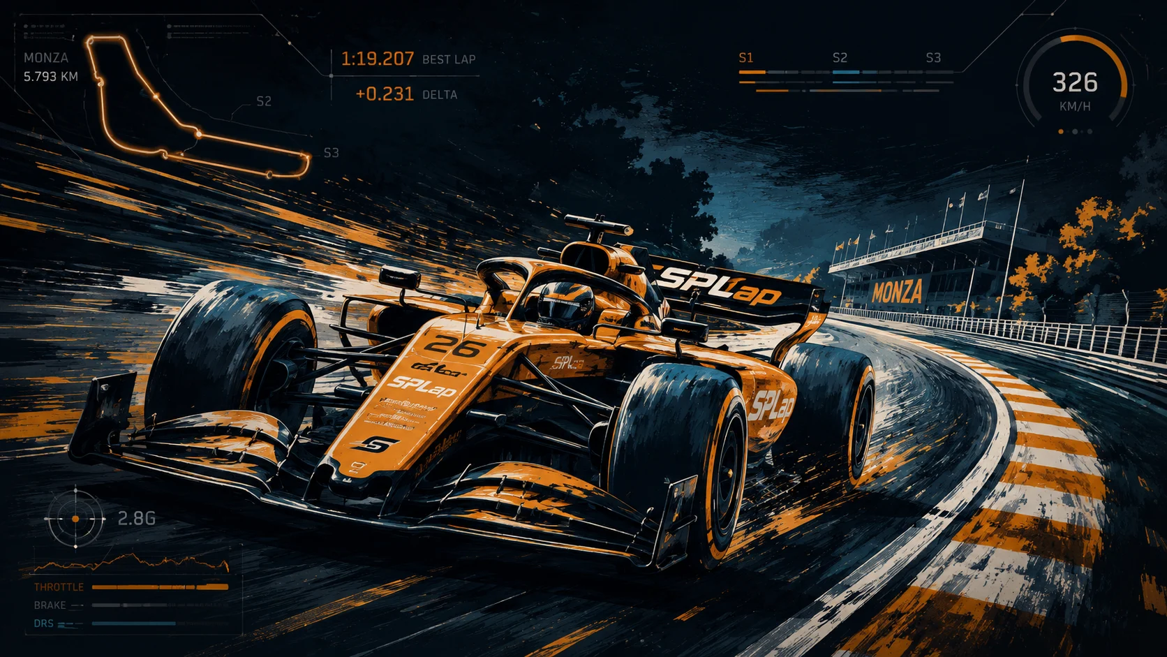 Illustration of a fictional orange SPLap-liveried Formula 1 car, number 26, at speed at Monza with telemetry overlays